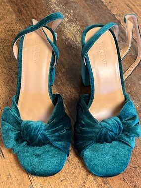 J. Crew Teal Velvet Knotted Slingback Heels